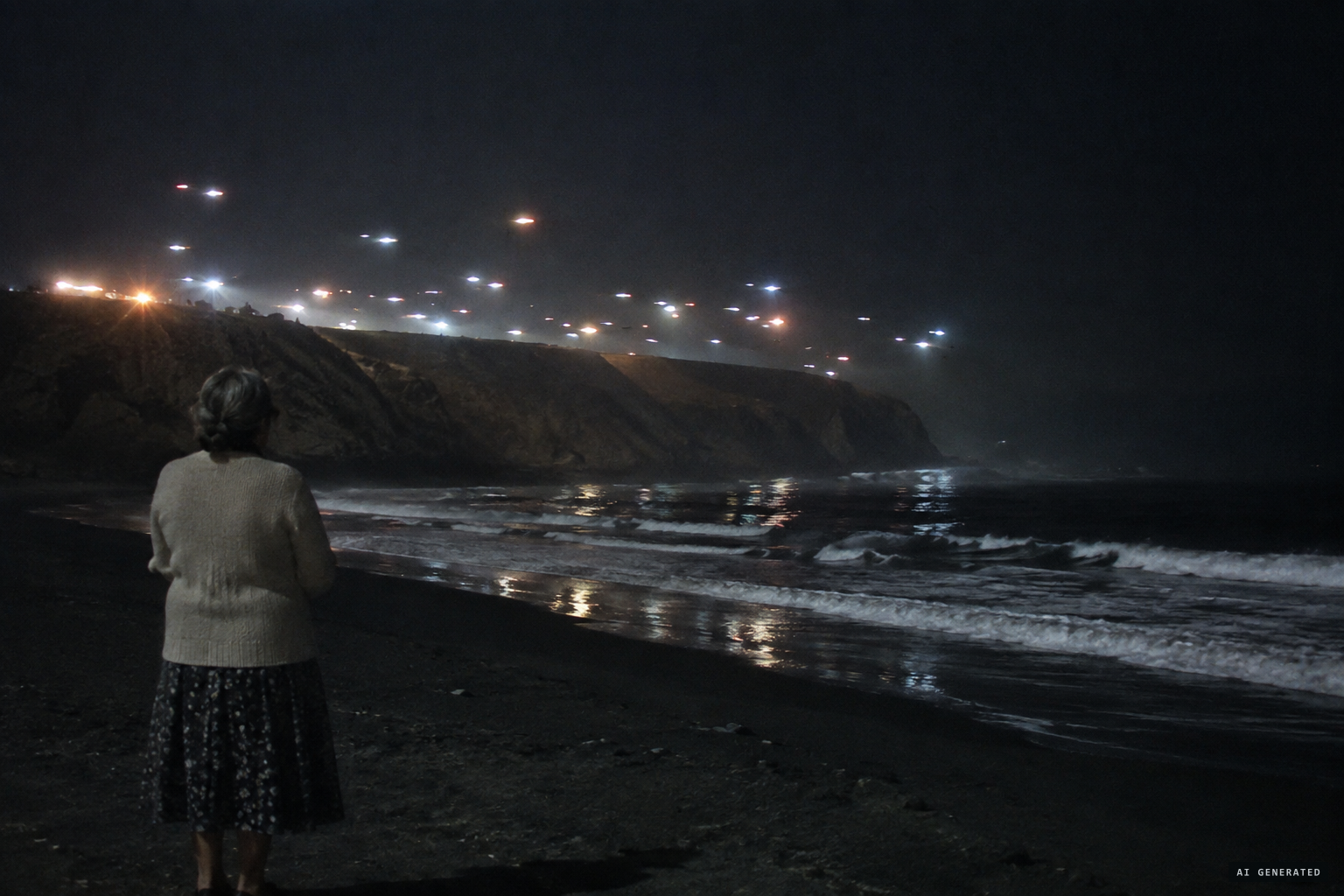Flashing lights over the bluff above Yaya beach, Chilca
