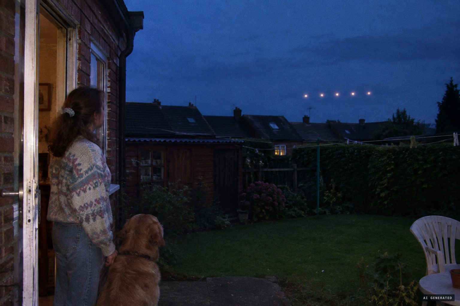 Letting the dog out, Sabine spots strange stationary lights in the sky