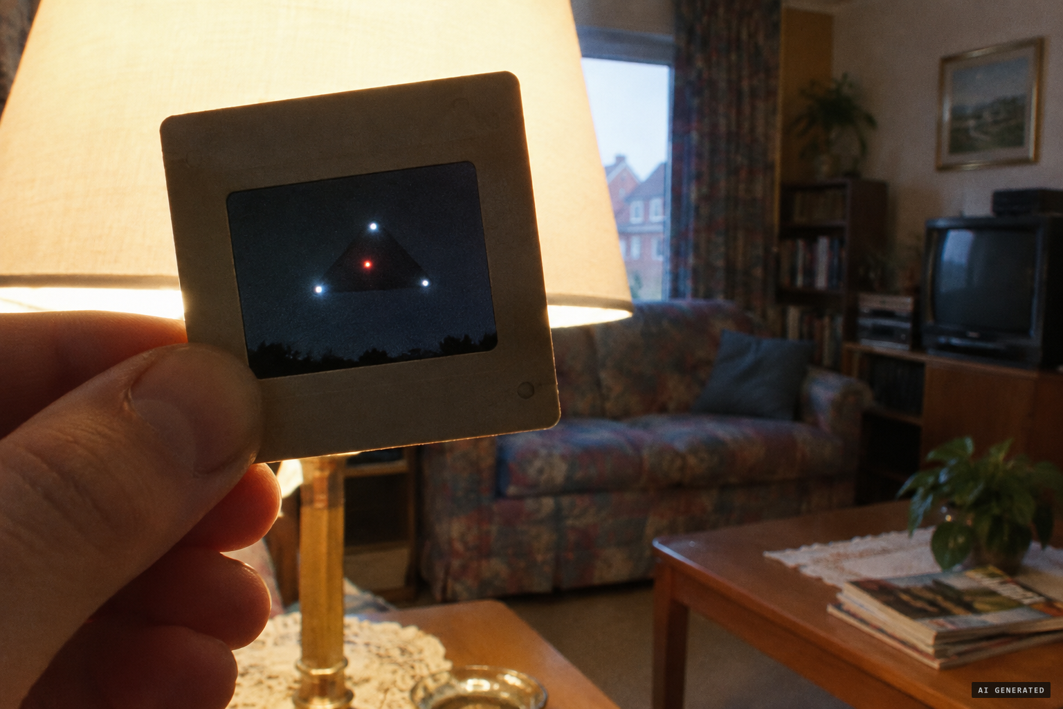 The slide: a black triangle, a light at each corner, a reddish light at its centre