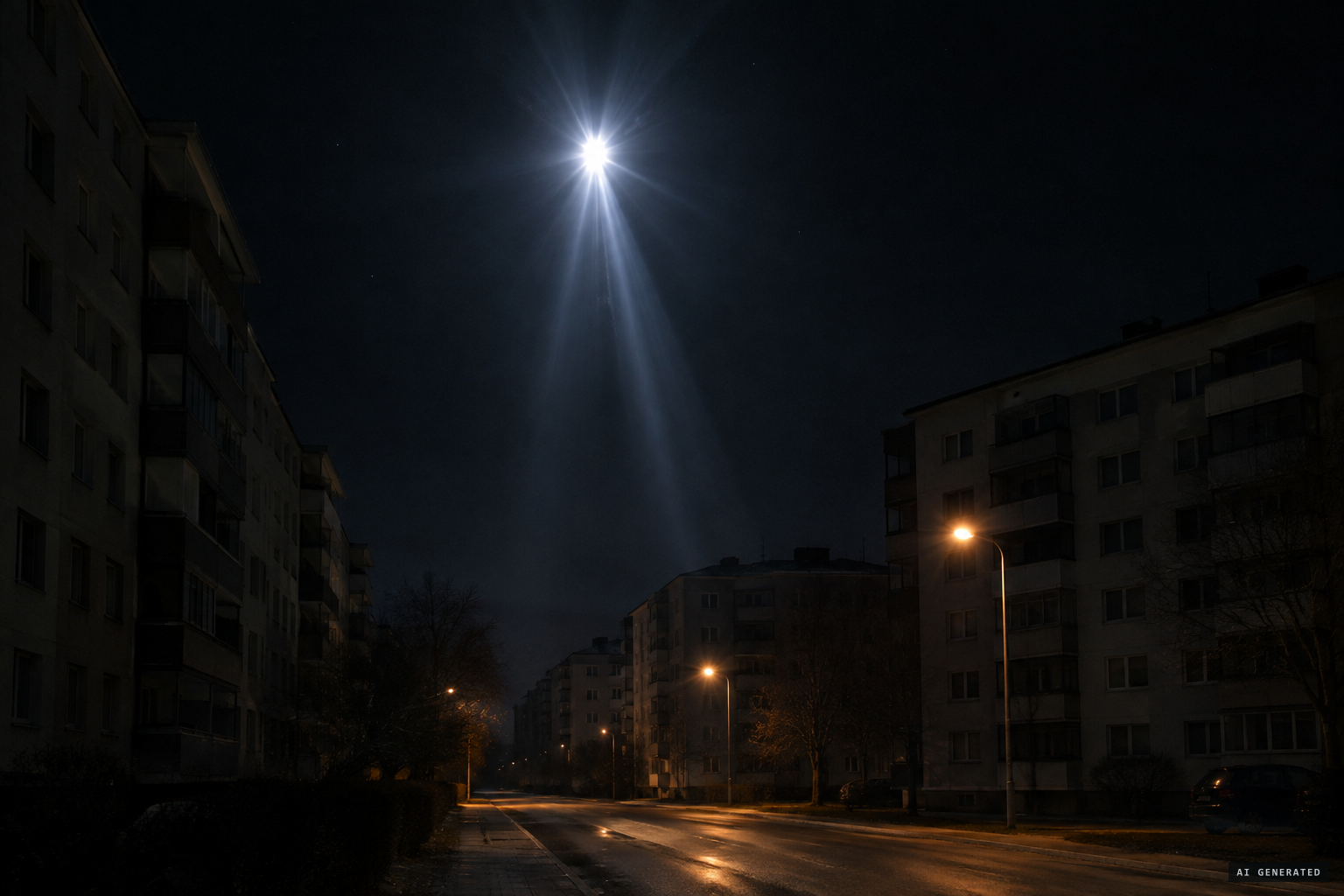 A huge 'star' flares up in the dark sky, sending shafts of light to the Earth
