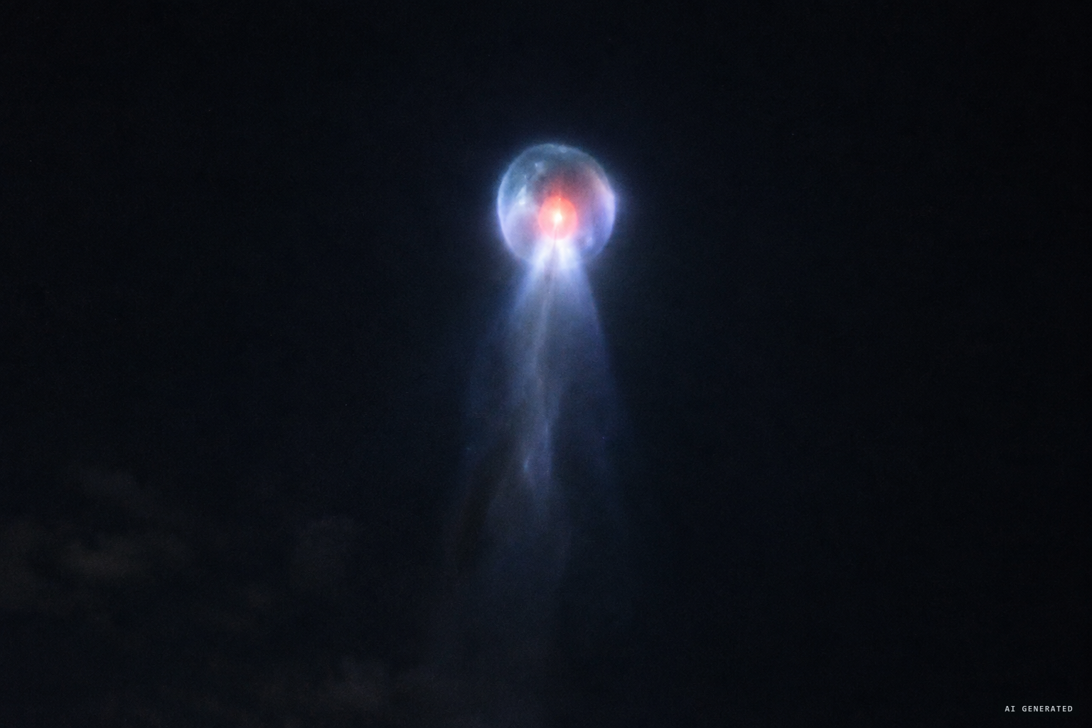 A red core in a bluish-white glow, inside a see-through outer layer
