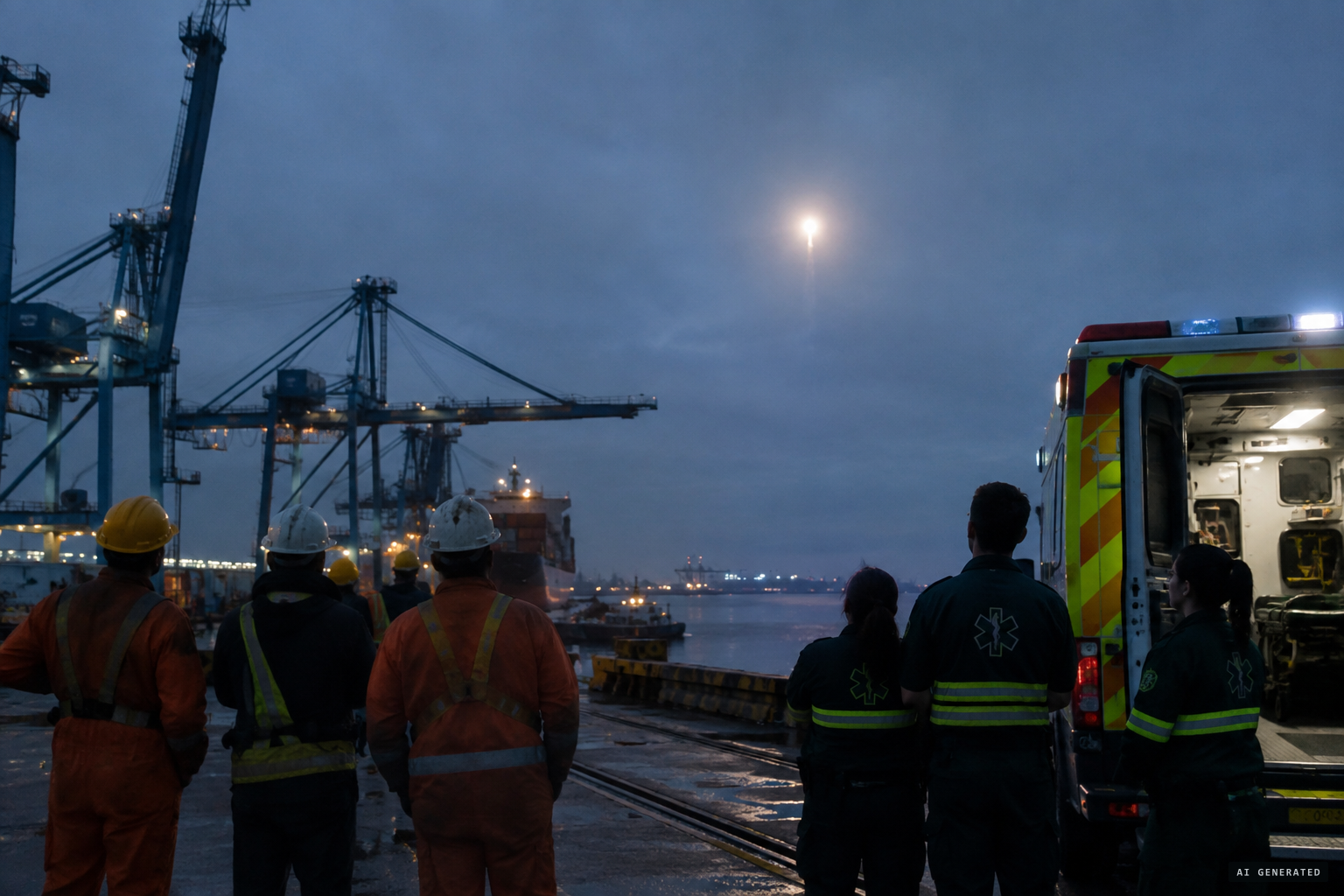 Longshoremen, ambulance crews and police watch the object over Petrozavodsk