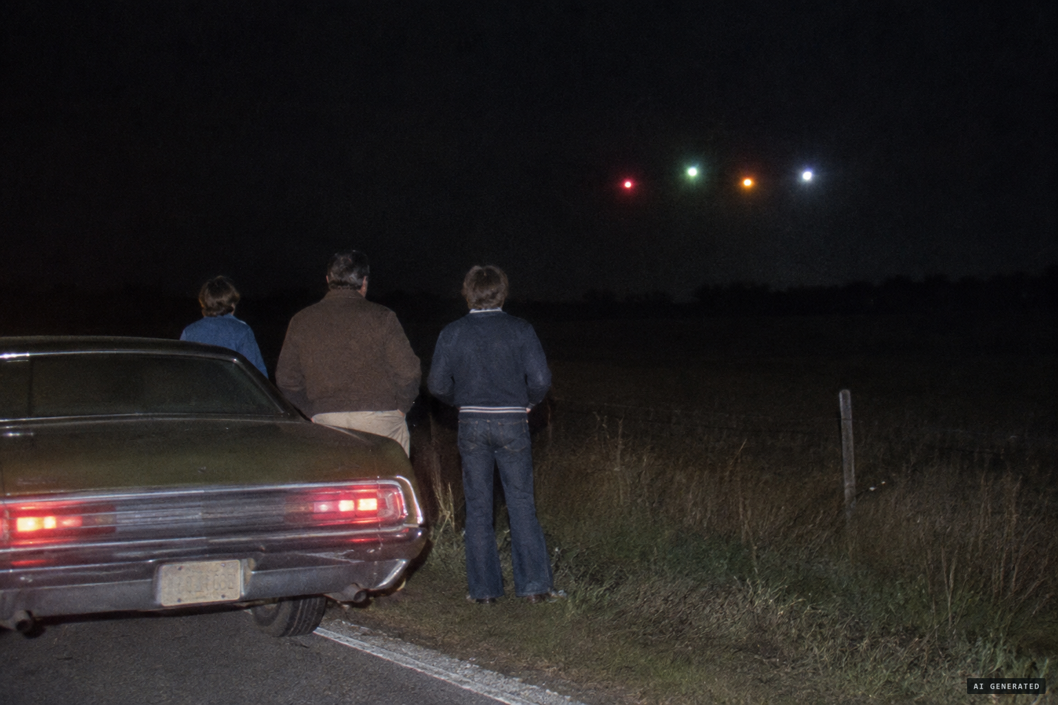 The flashing lights hover about 200 yards away, fifty feet off the ground