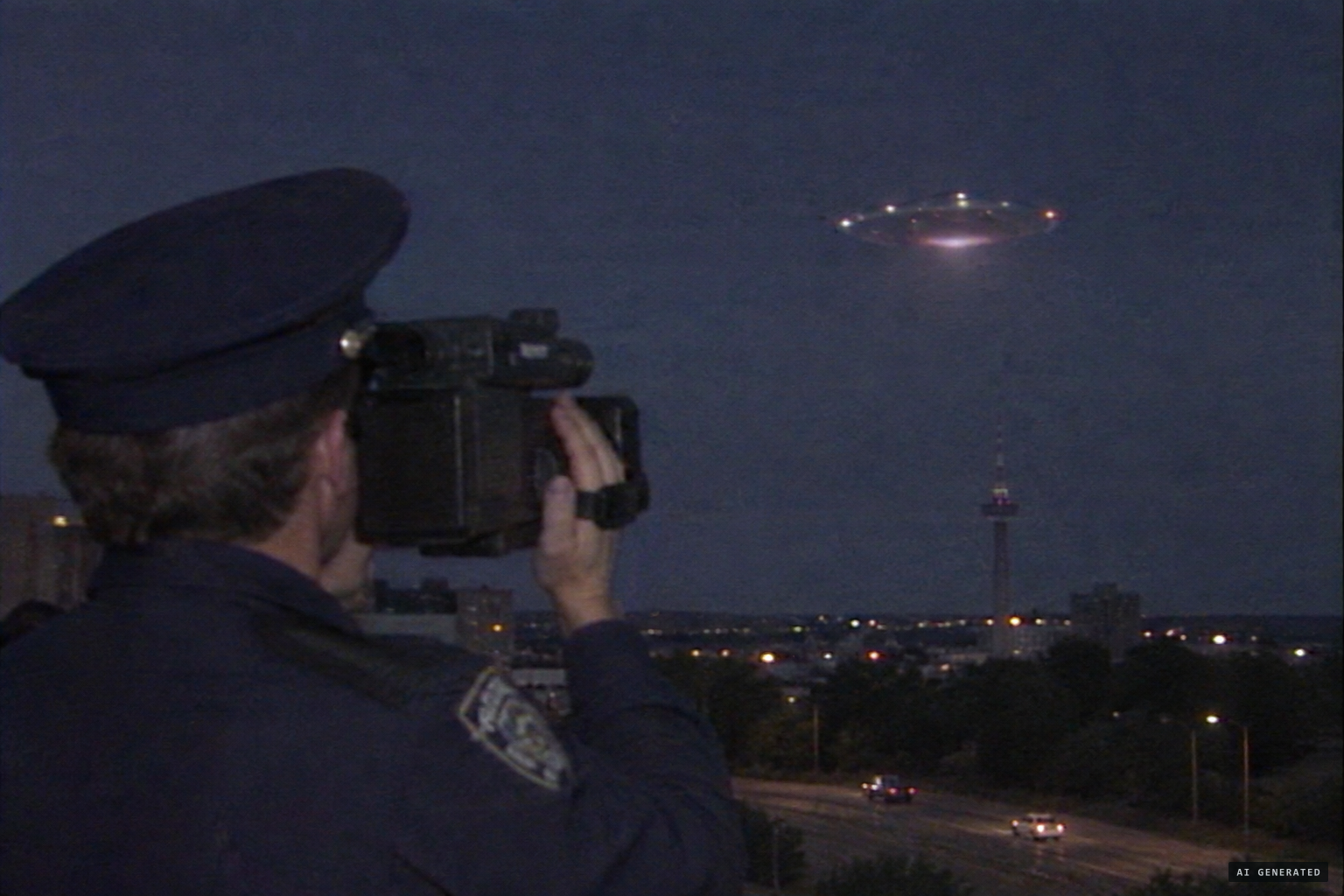 Police film the pulsating disc with lights flashing on it