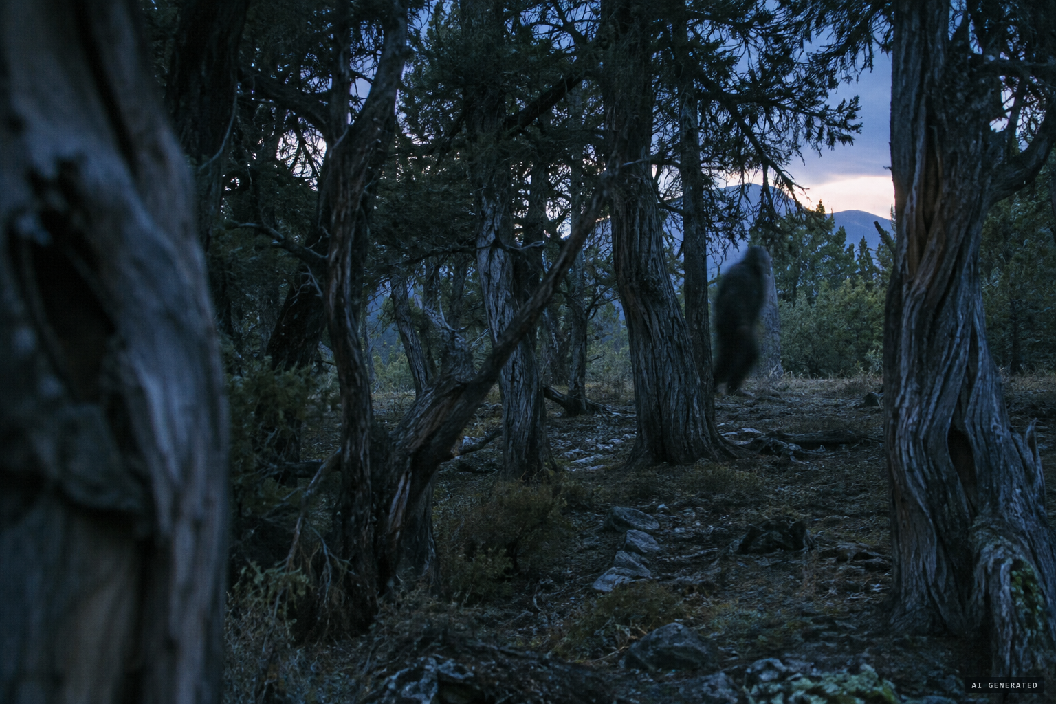 At twilight, an upright figure darts between the junipers toward a clearing