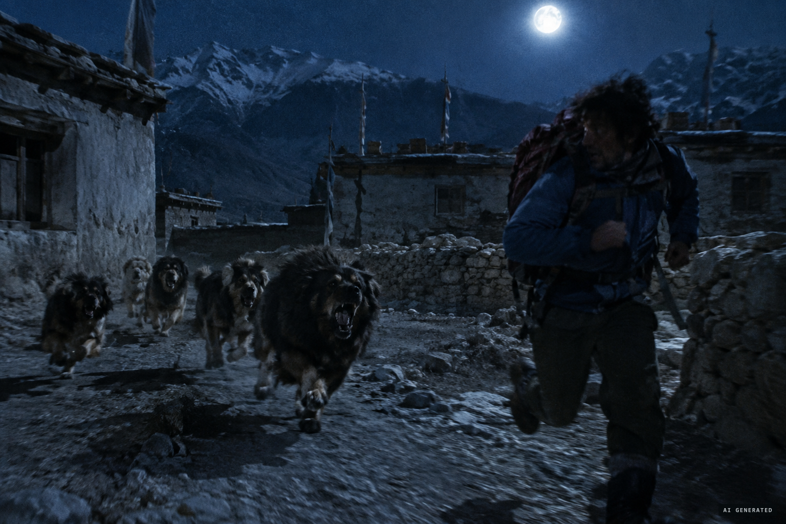 Messner flees to a village and is almost torn apart by a pack of large dogs