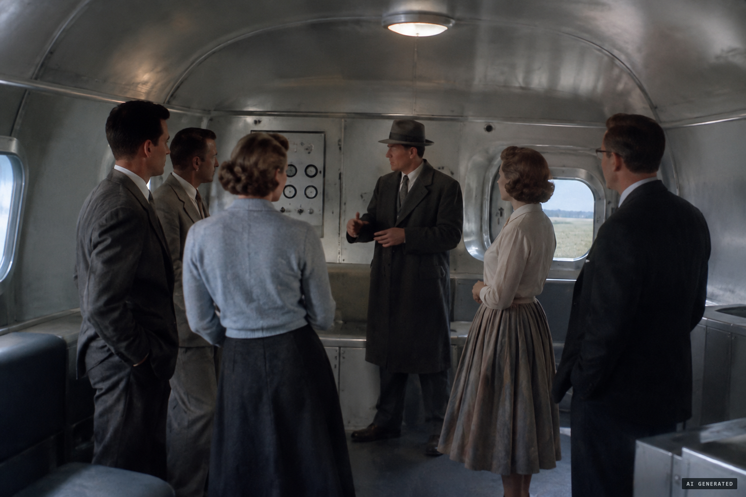 Six human-looking crew, four men and two women, talk with Schmidt in German