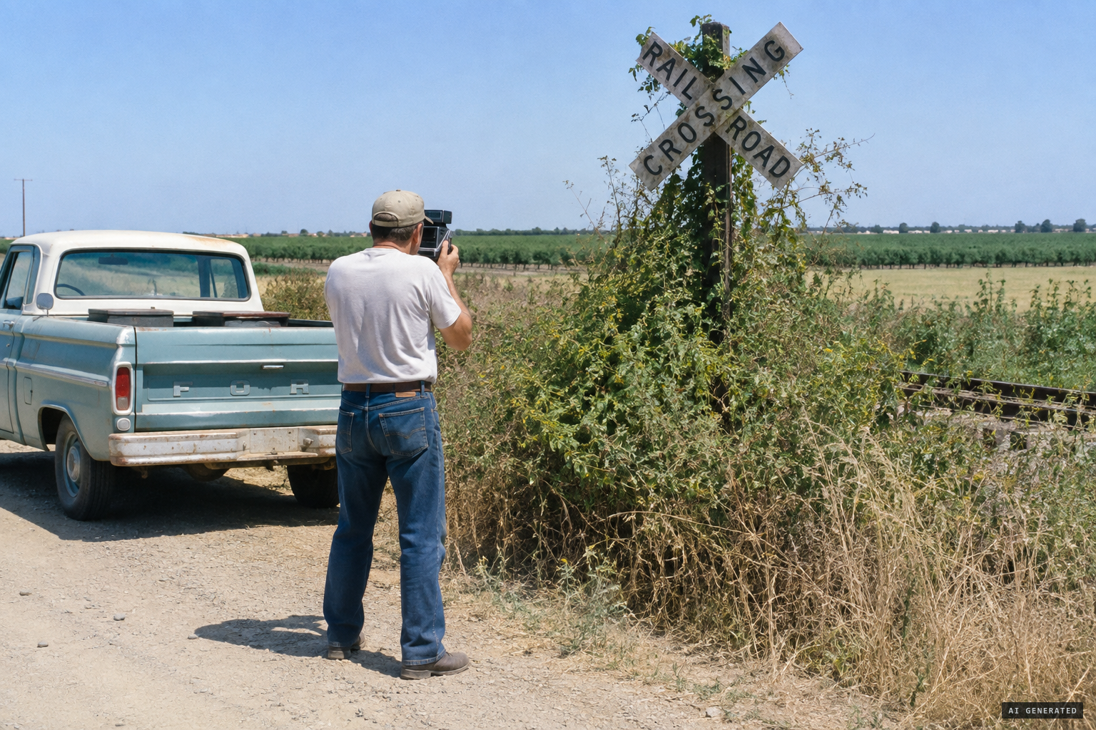 Road inspector Rex Heflin stops on Myford Road to photograph an overgrown crossing sign