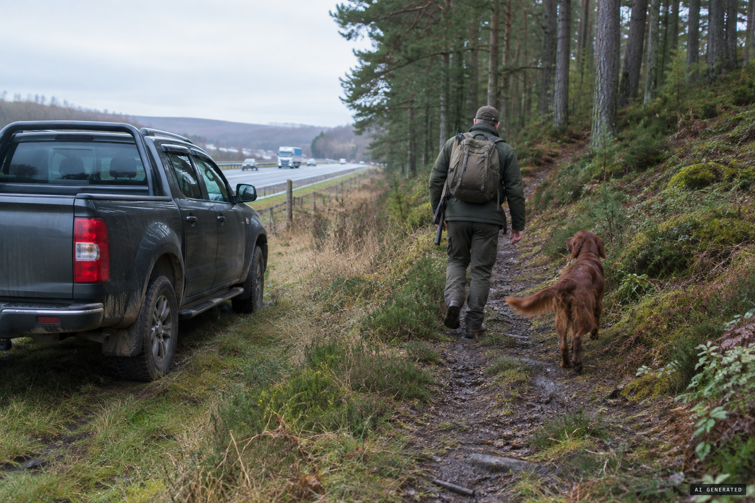 Taylor sets off up the forest path with his red setter, Lara, around 10:30