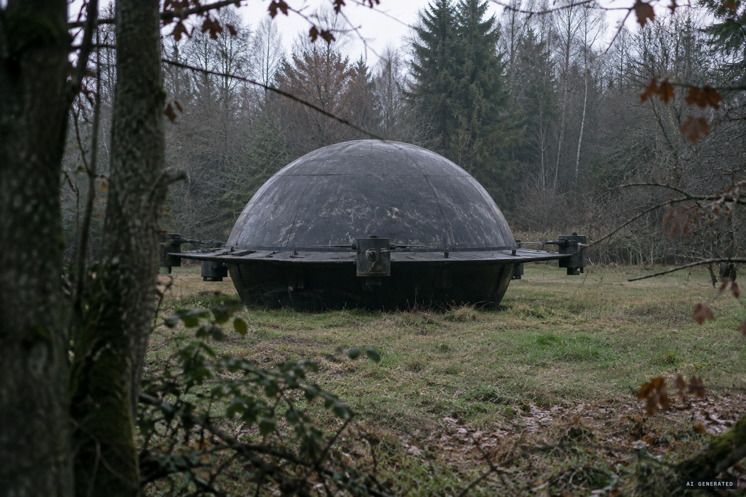 A grey dome with a hat-brim flange stands silently in the clearing