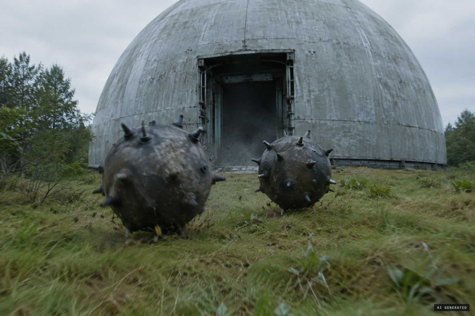 Two spiked, sea-mine-like spheres drop from the object and roll towards Taylor