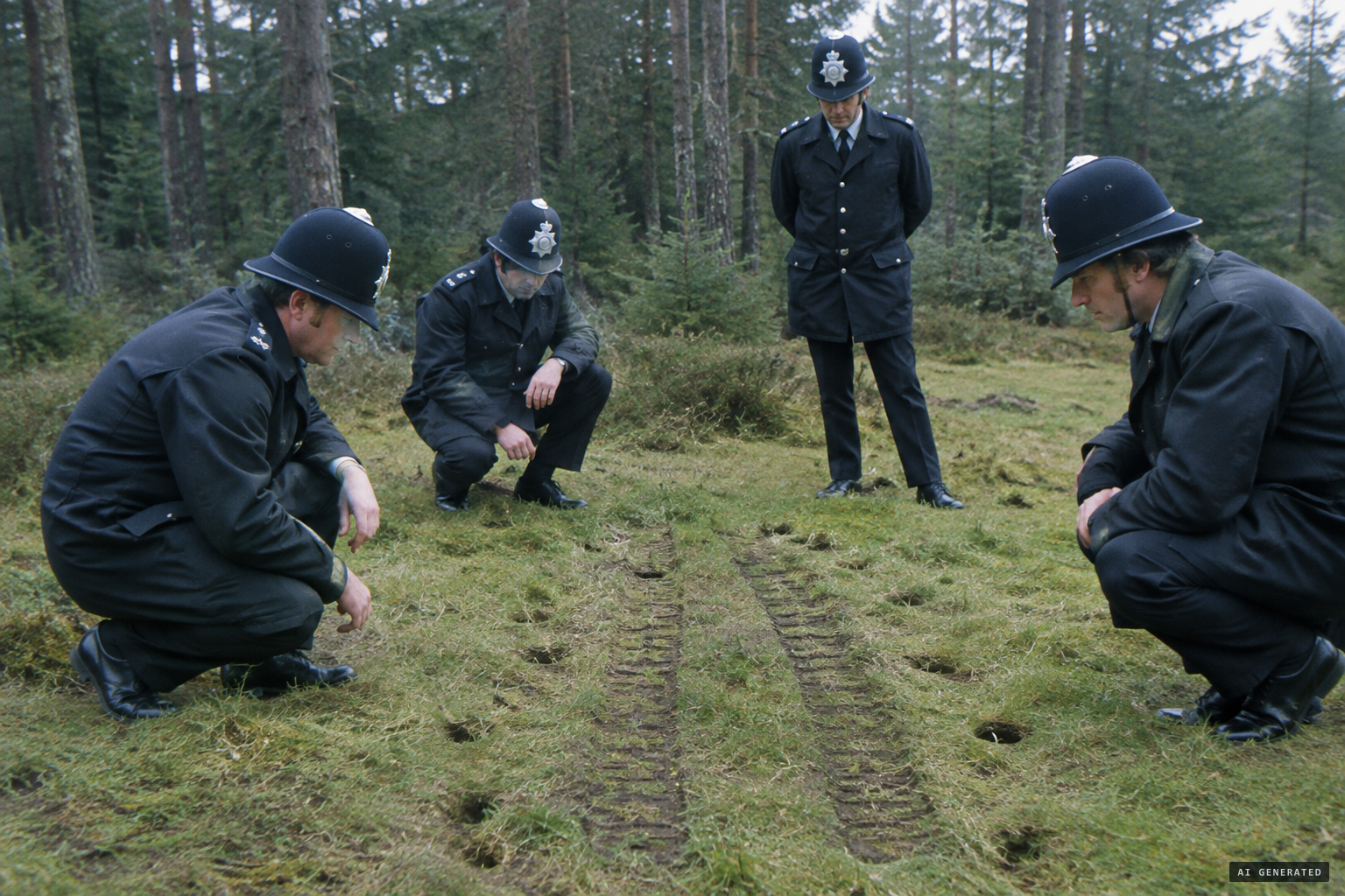 Police examine the ladder tracks and the roughly 40 circular holes