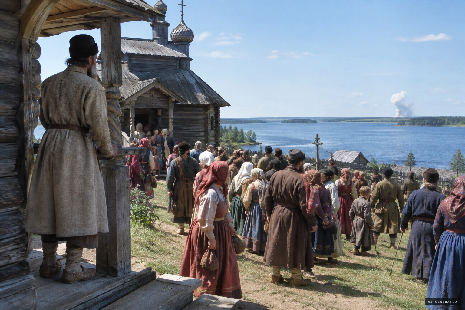 Worshippers pour out of the crowded church, and farmer Levka Fedorov watches from the porch