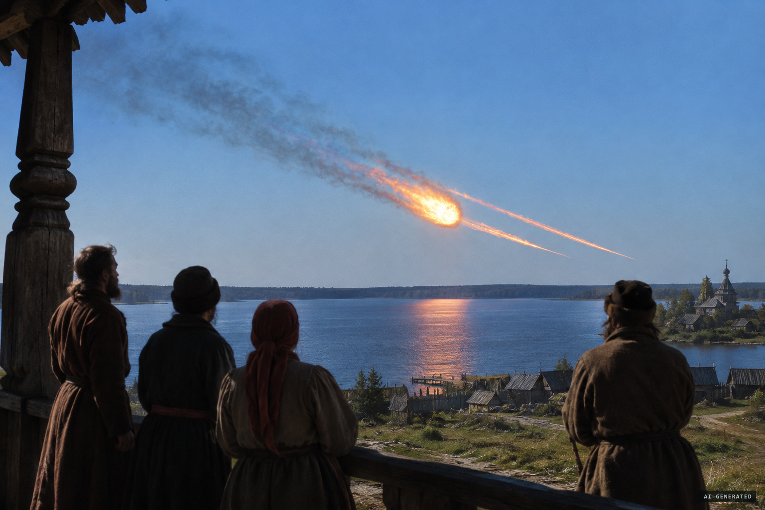 At noon a great ball of fire with two ardent rays and bluish smoke comes down over Robozero