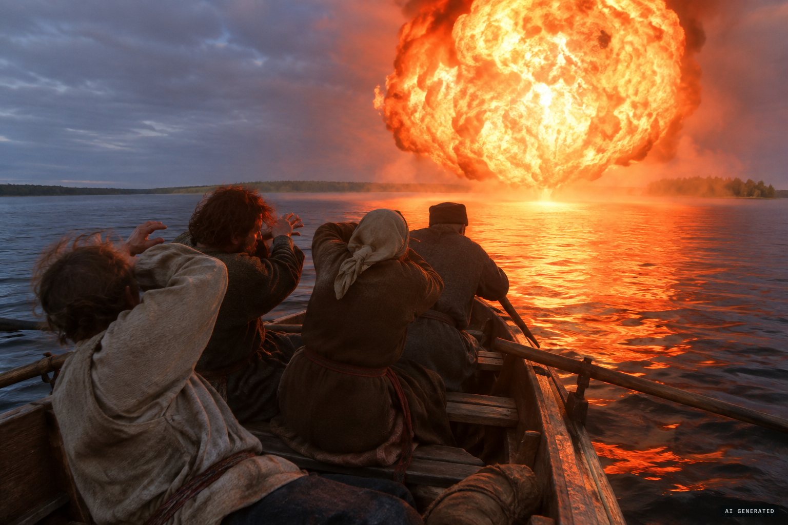 Peasants row out, but the fire's heat drives the boat back