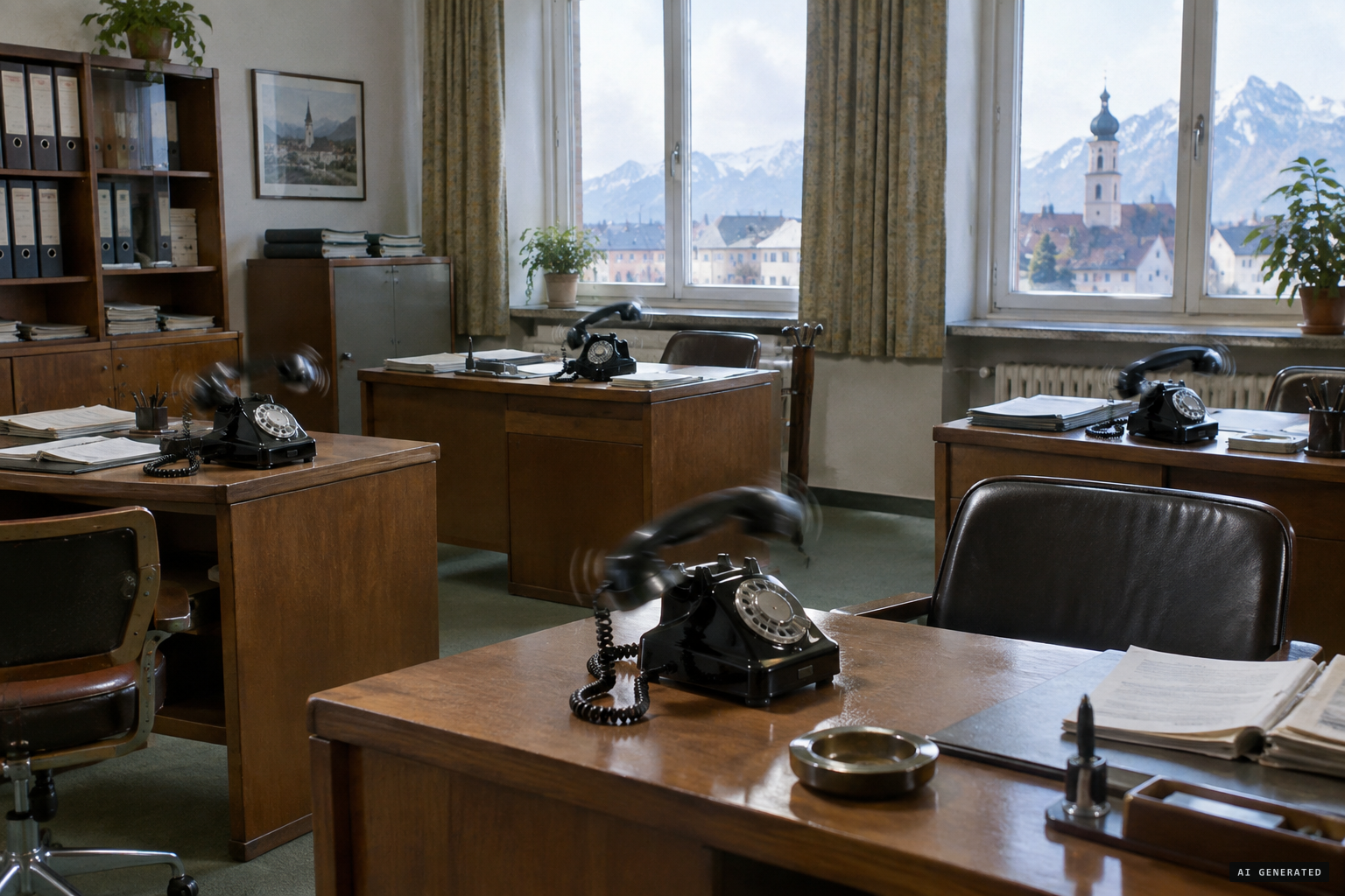 All four telephones ring at once