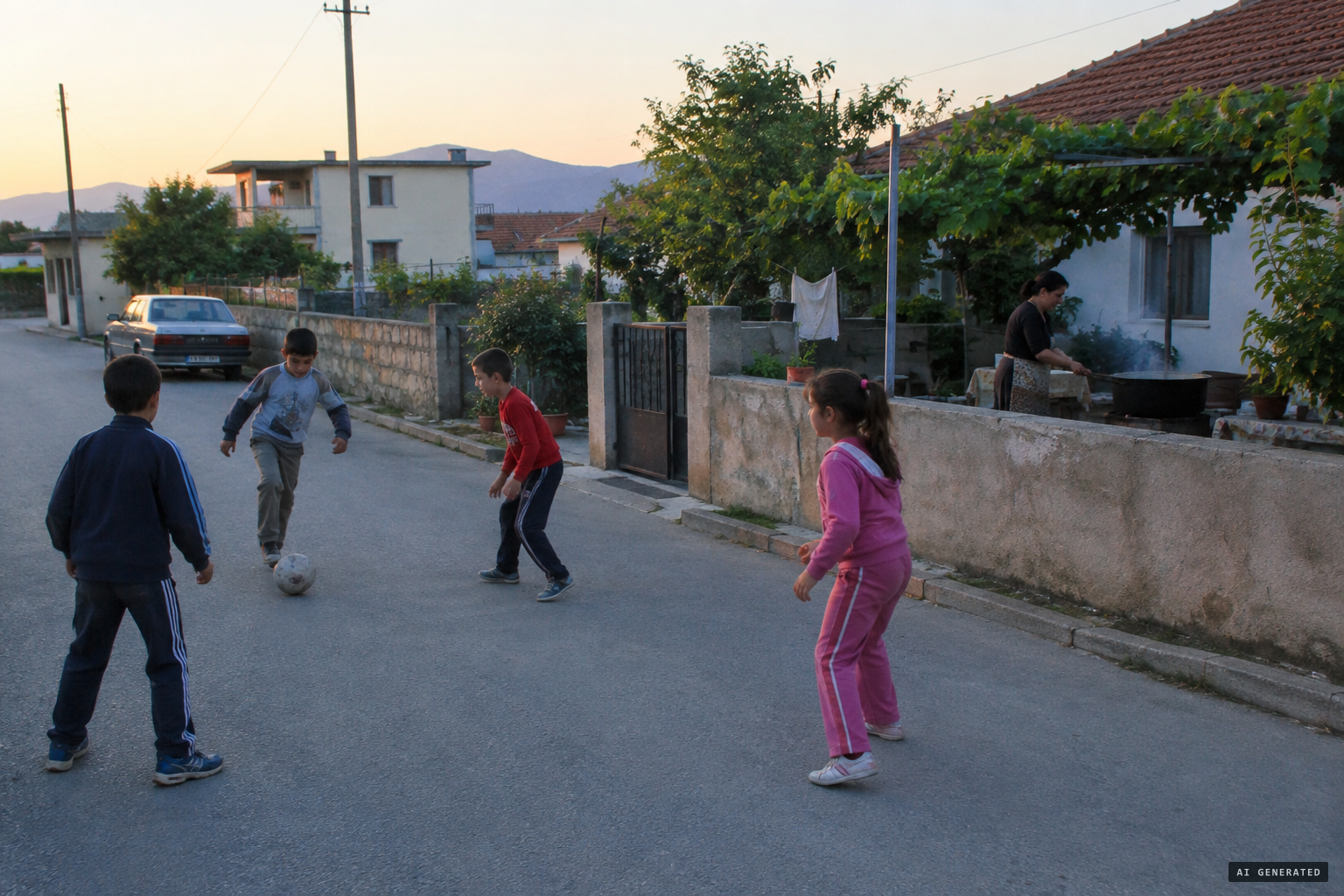 A clear May evening: children playing on the road, a woman cooking nearby