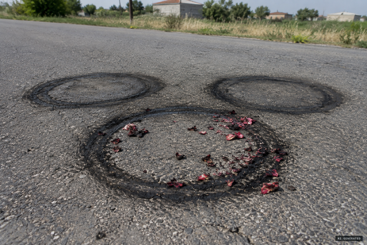 Three double-banded black circles in the asphalt, rose petals burning on them