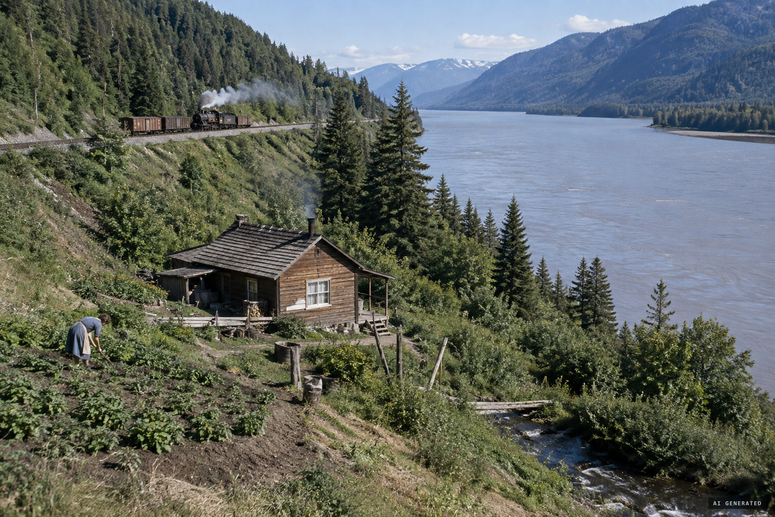 The Chapman cabin at Ruby Creek, between the railway tracks and the Fraser River