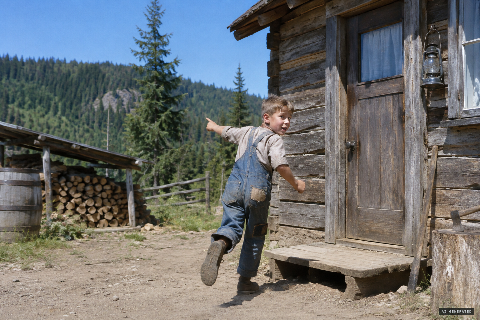 The eldest boy runs in saying a cow is coming down out of the woods