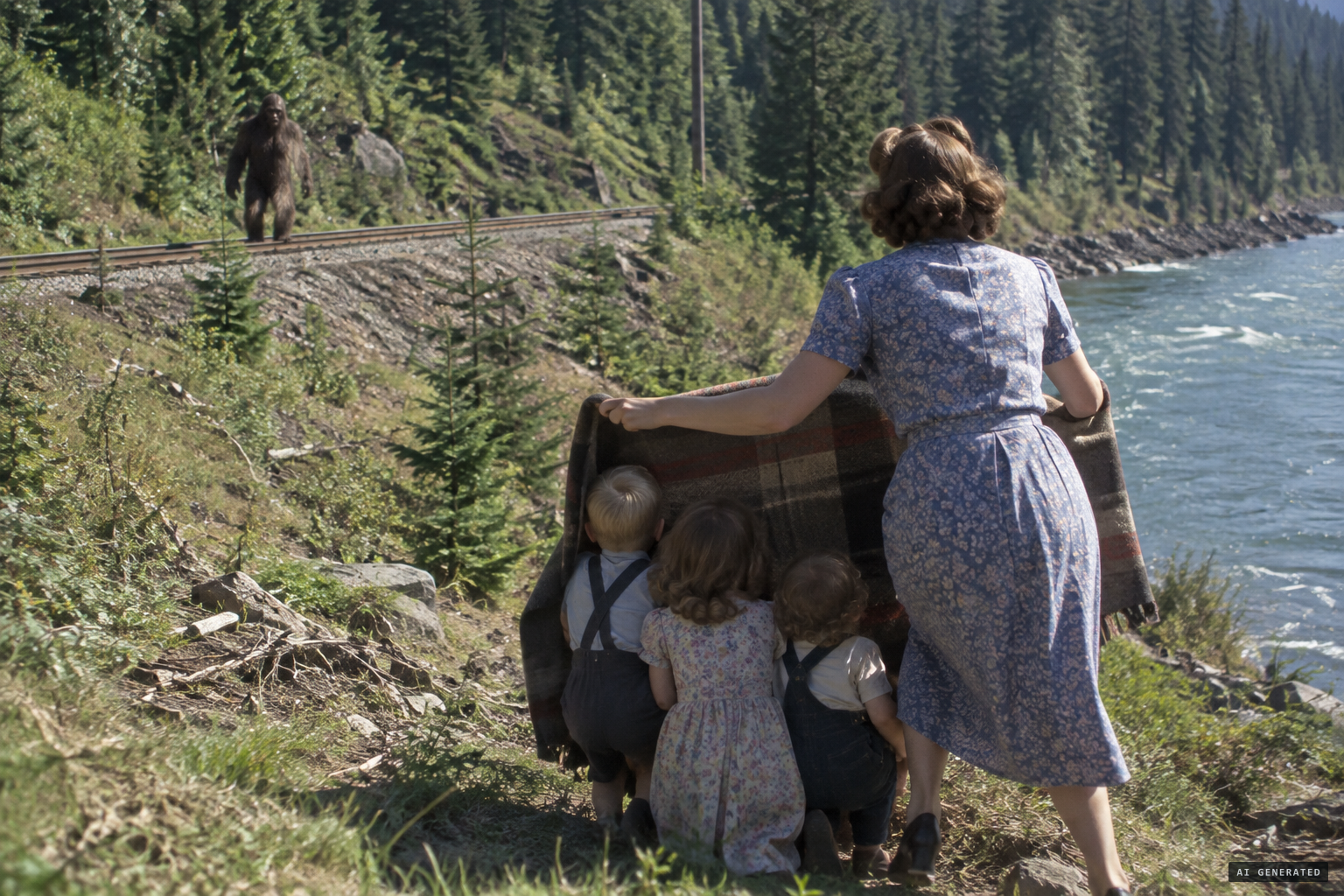 Jeannie holds up a blanket to shield the children and backs toward the river