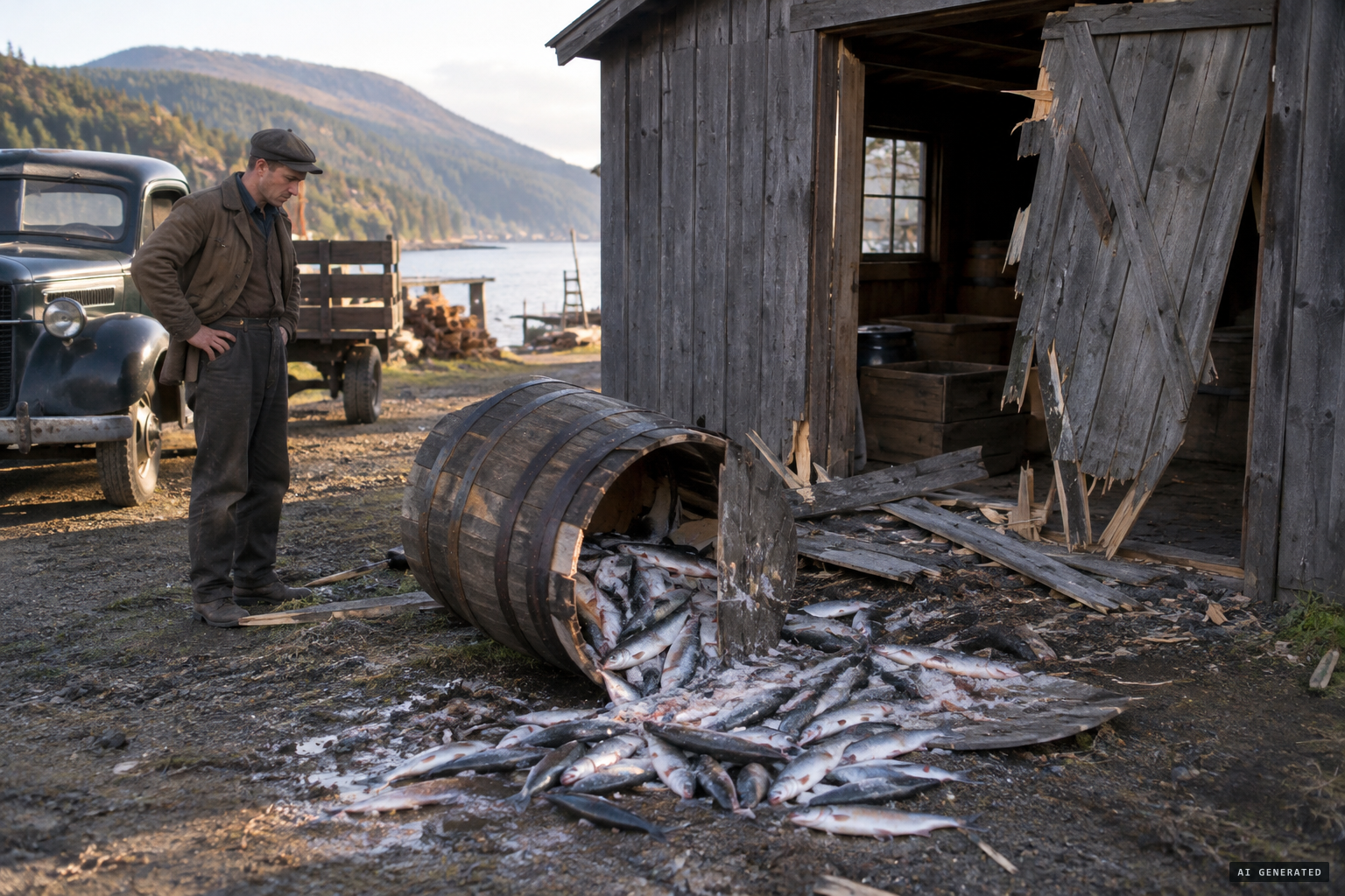 The smashed shed door and the ripped-open barrel of salted fish