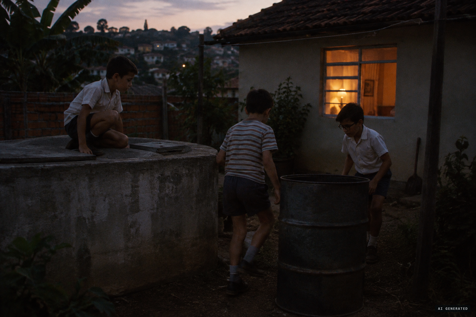 The three boys in the dark backyard by the cistern and water drum