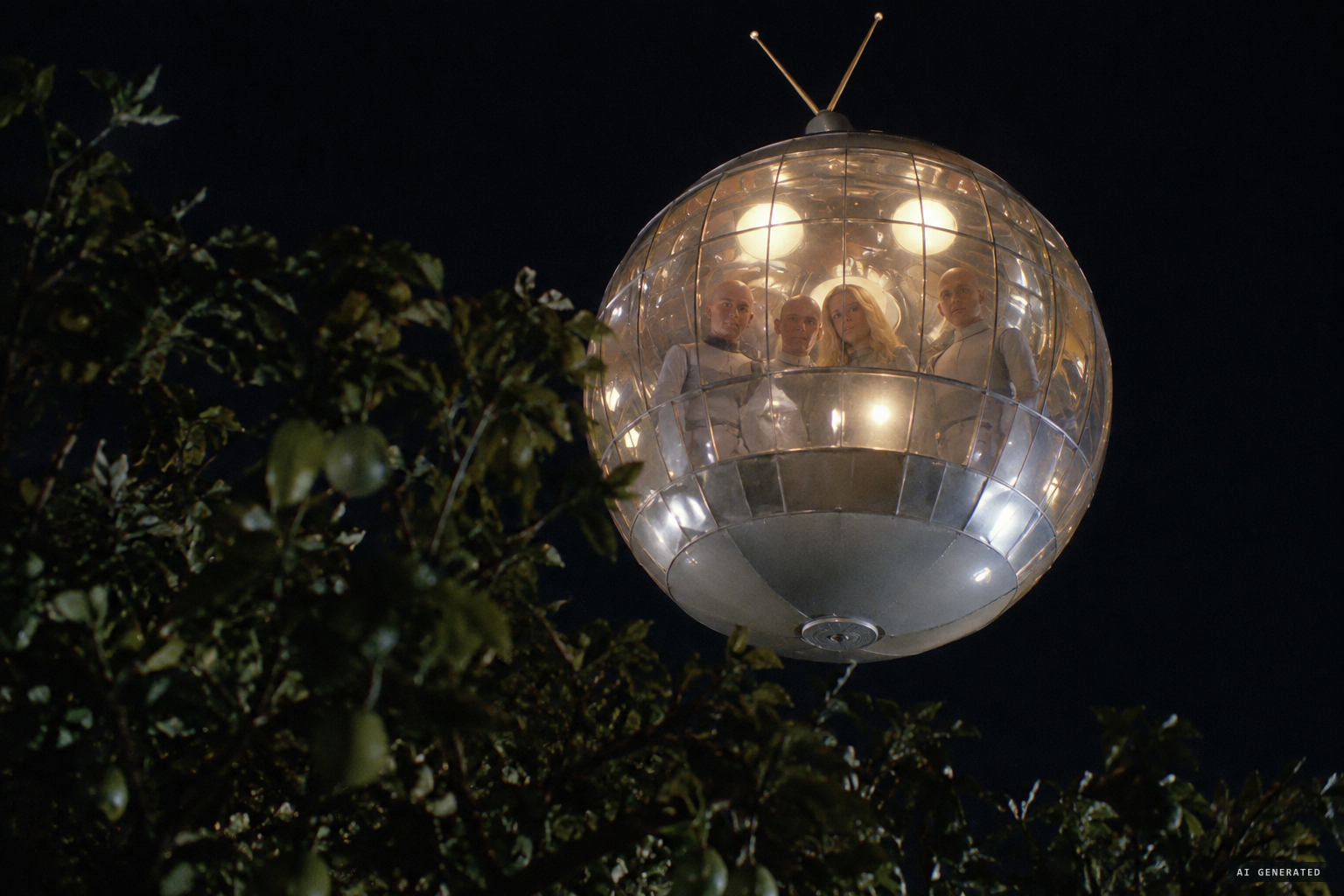 The glowing sphere hovering over the avocado tree, four figures inside