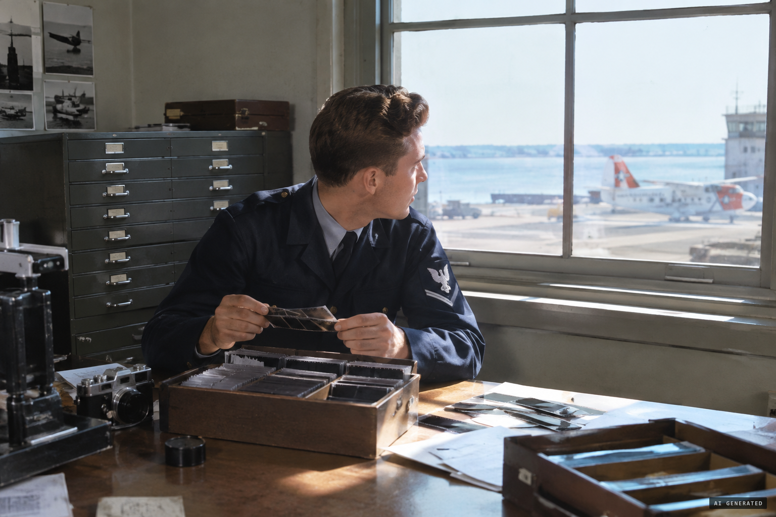 Alpert, filing negatives, notices something bright outside the window
