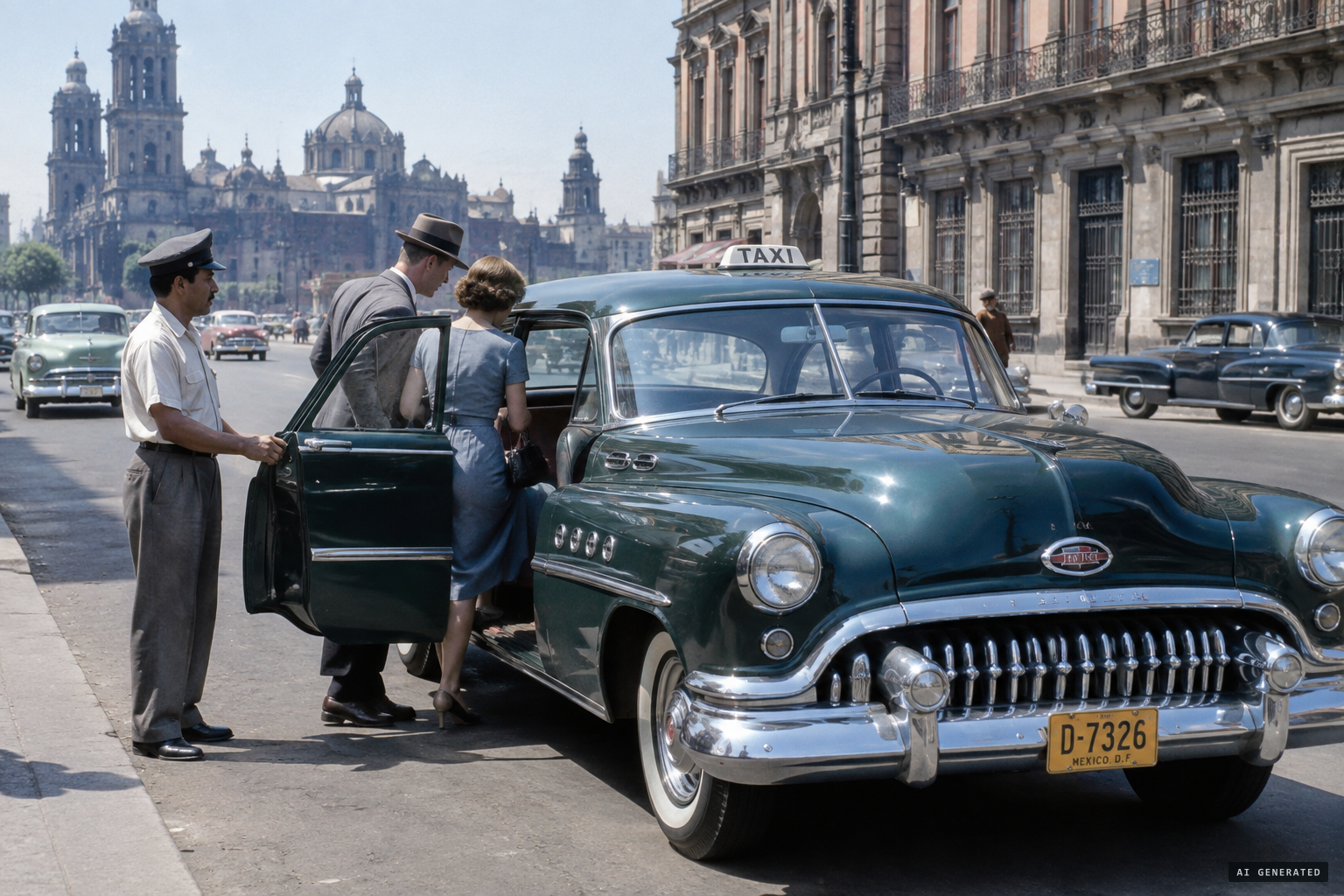 Taxi driver Salvador Villanueva takes two American passengers north in a 1952 Buick