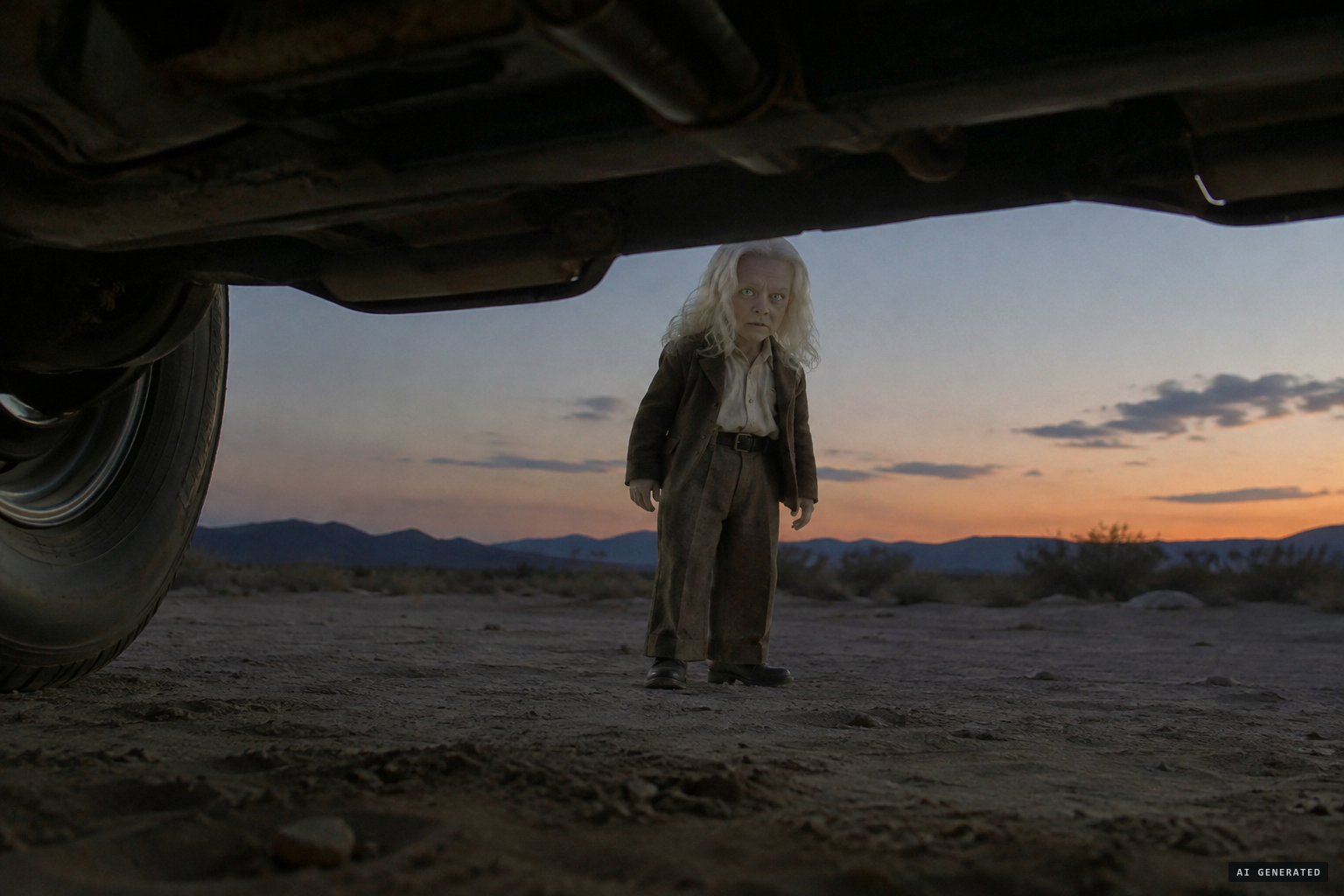 Under the car at evening, Villanueva sees a small man with an ivory face and green eyes