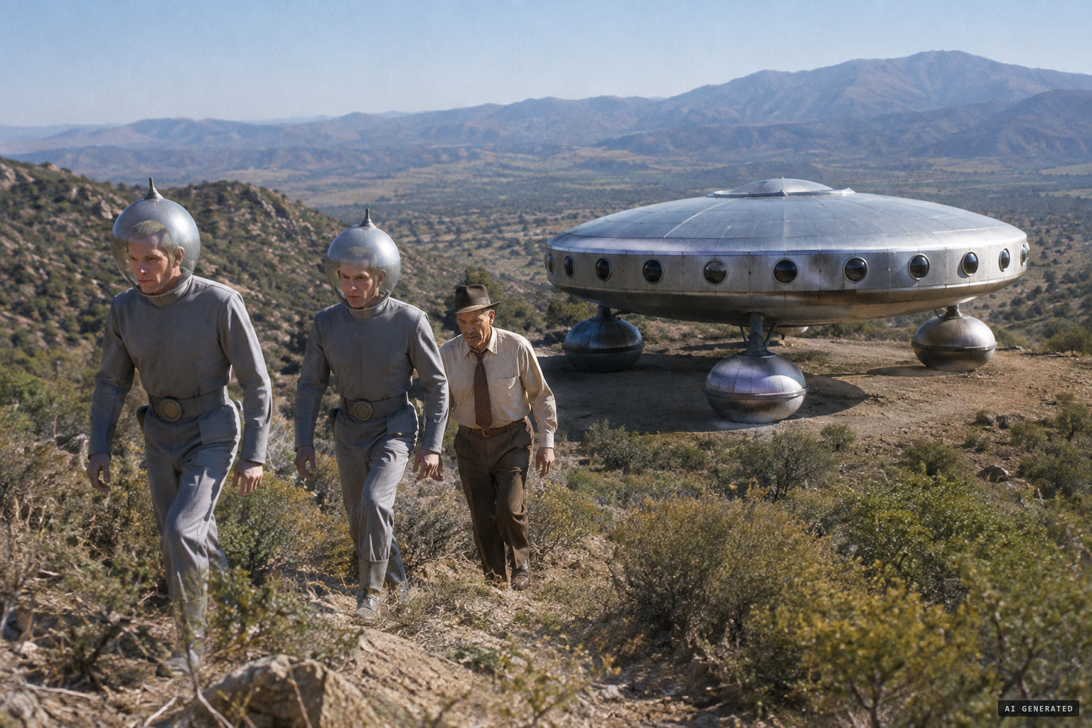 Two identical visitors lead him over the hills to a flattened sphere resting on three buoys