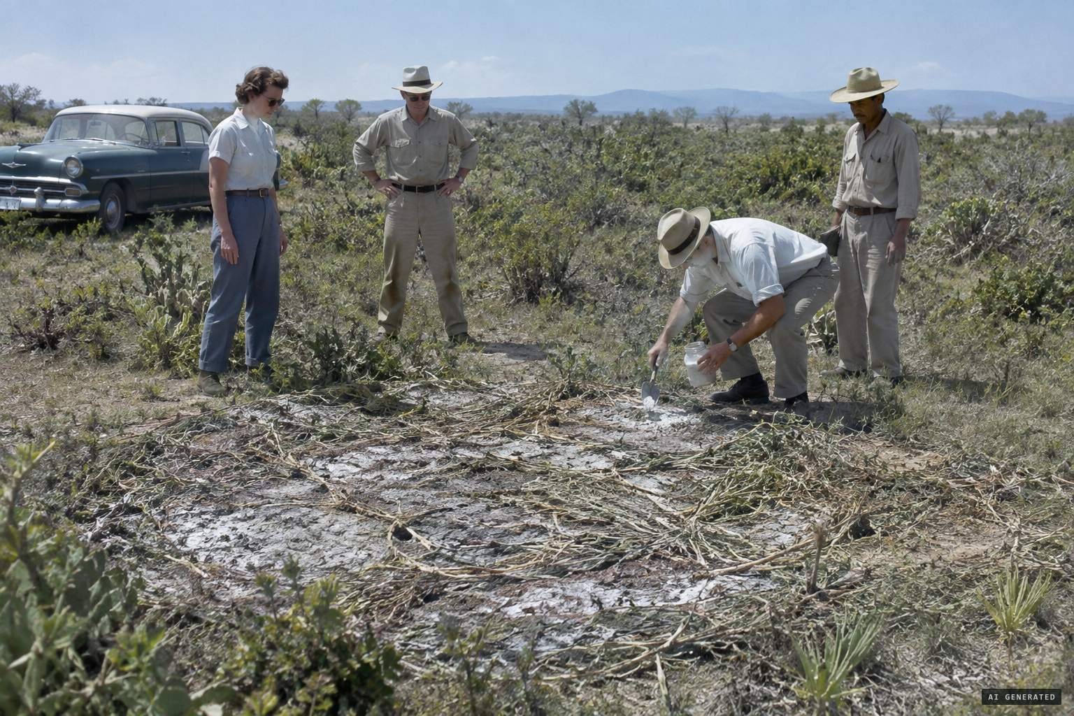 The party inspects the circular site with crushed plants and takes soil samples