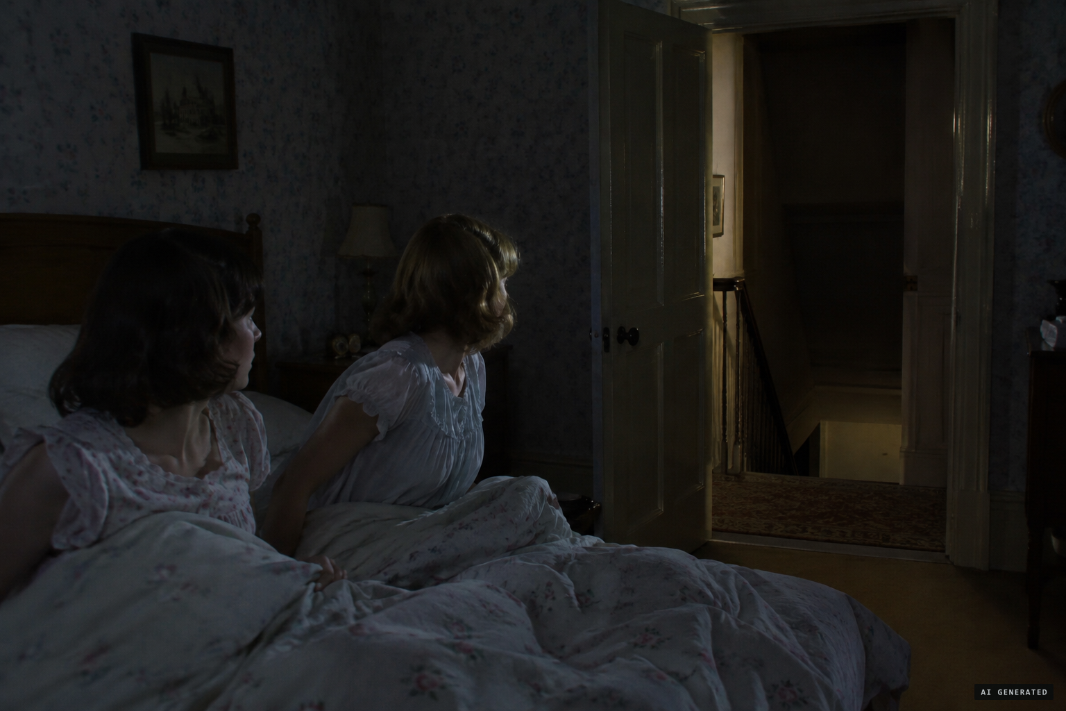 The girls hear a thunking noise like a bouncing ball, in the bedroom and on the stairs