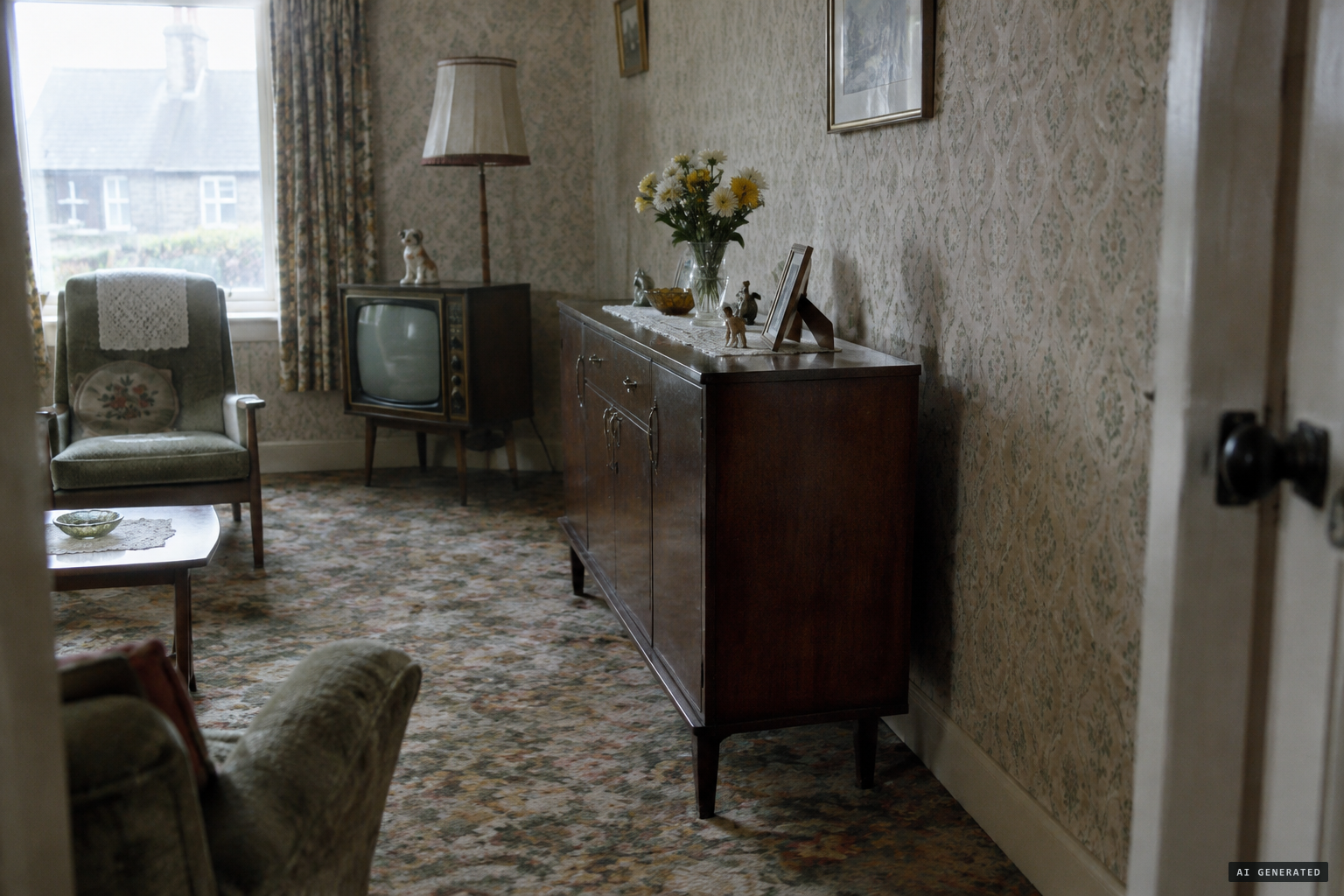 The sideboard moves five inches out from the wall