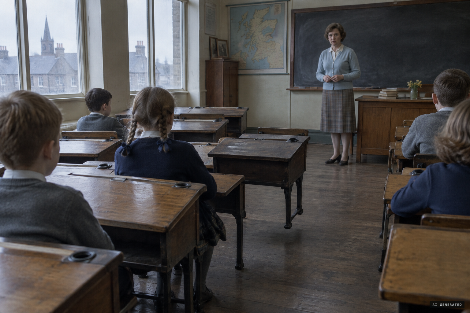 An empty desk behind Virginia rises an inch off the floor