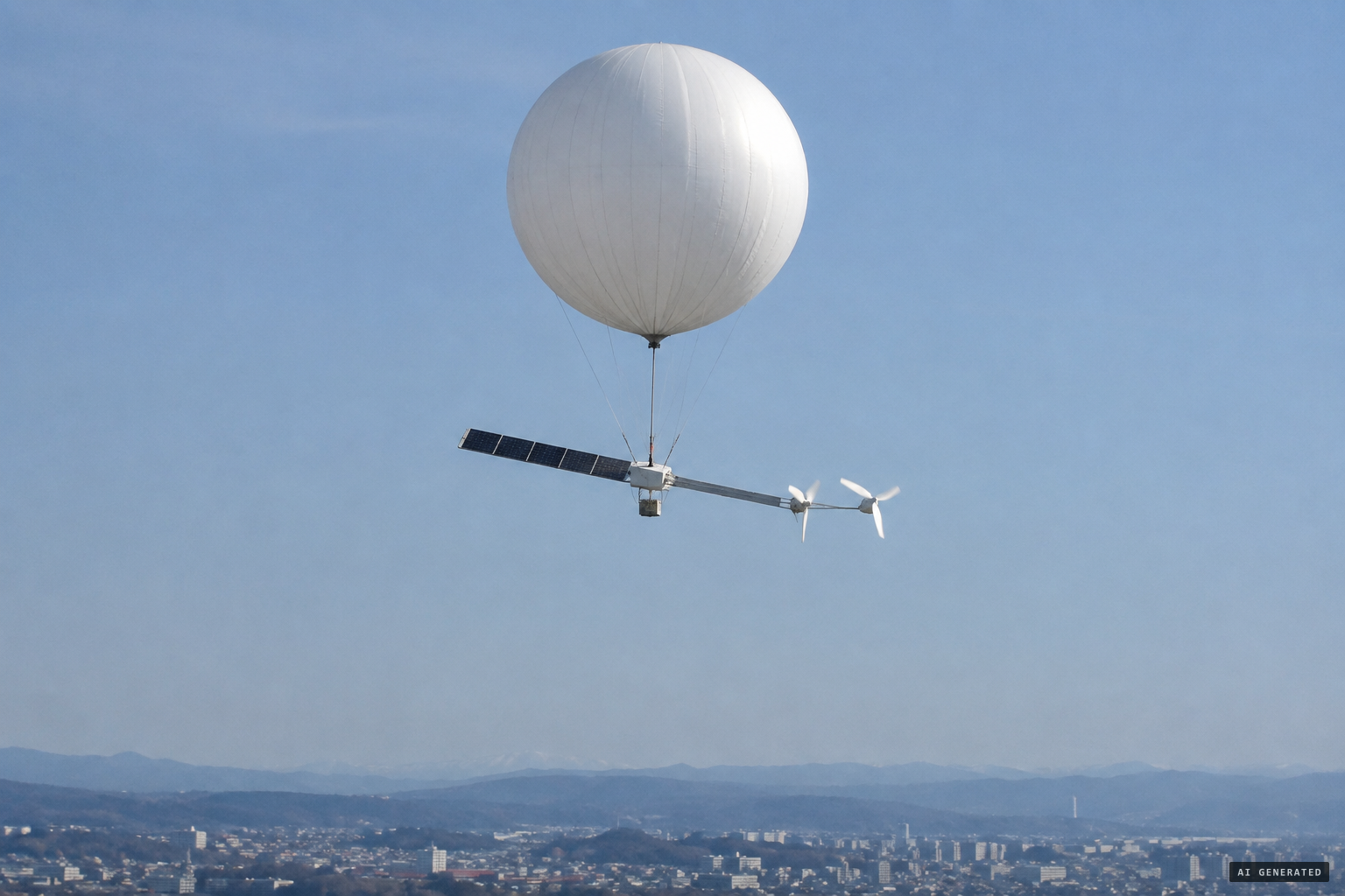 A white sphere above a cross-shaped frame with panels and propellers