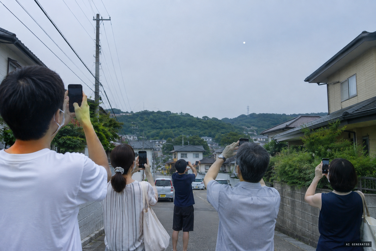 Residents reach for their phones to photograph the white object