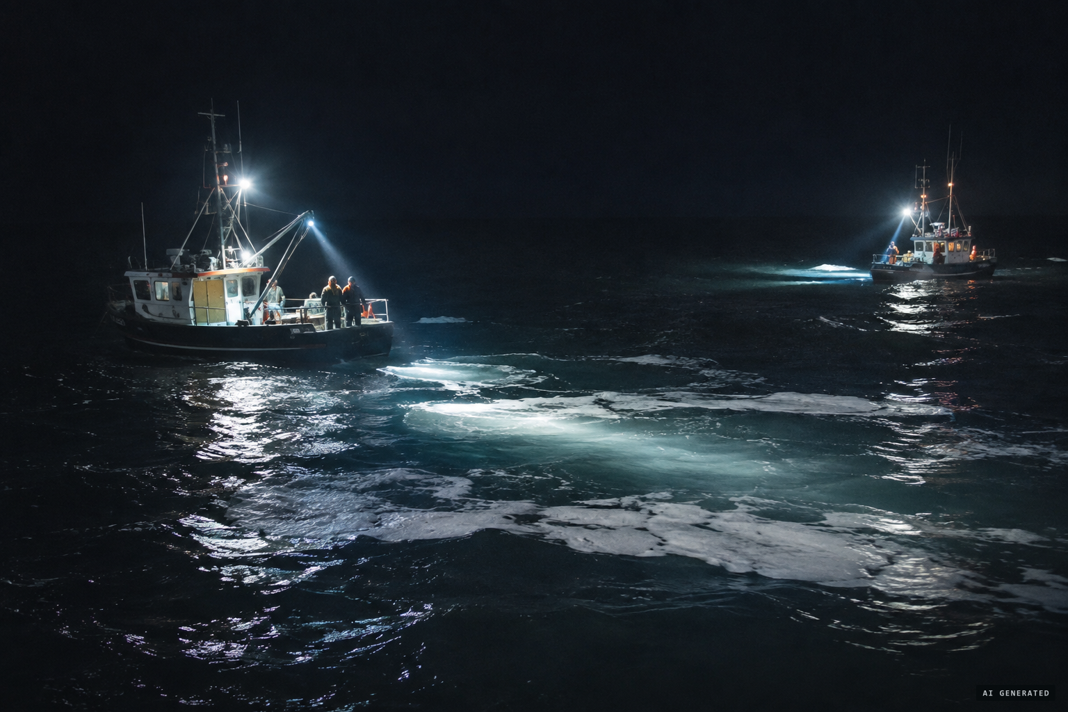 Fishing boats search patches of foam 30-40 yards wide