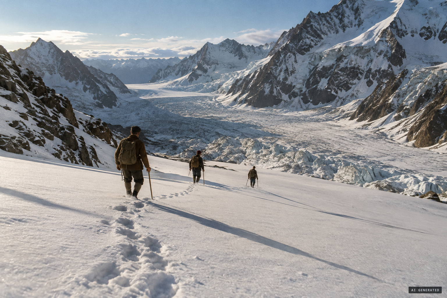 Descending from the Menlung La, the party comes across a line of footprints