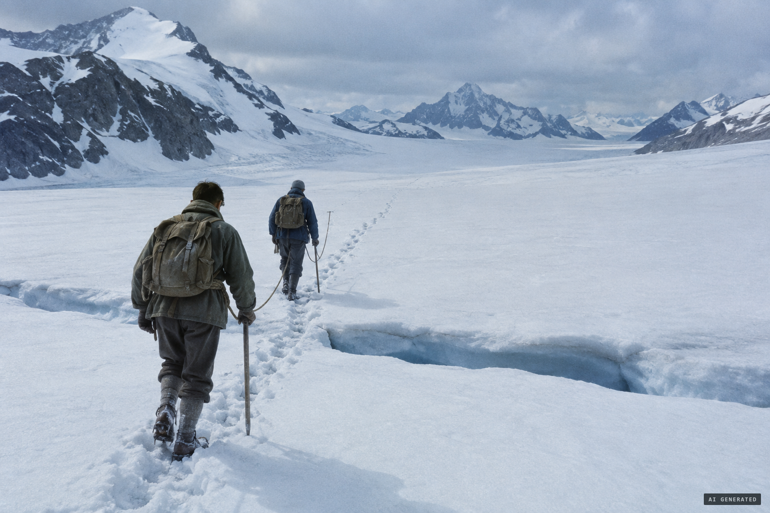 The party follows the trail for more than a mile down the glacier