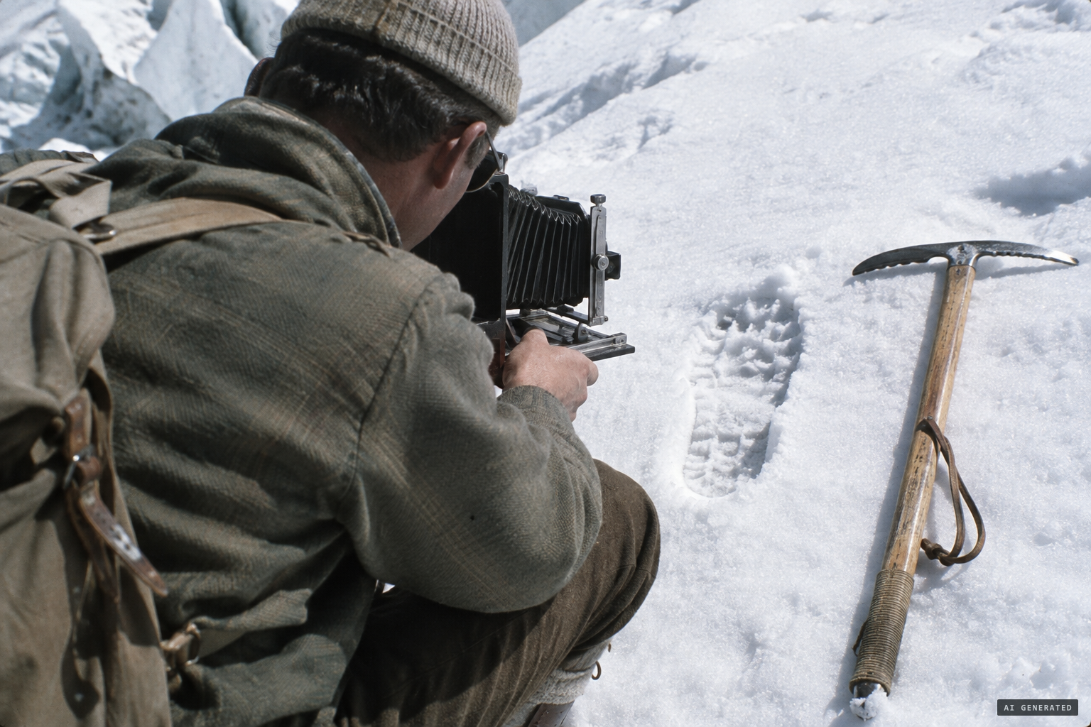Shipton photographs the best print with an ice axe beside it