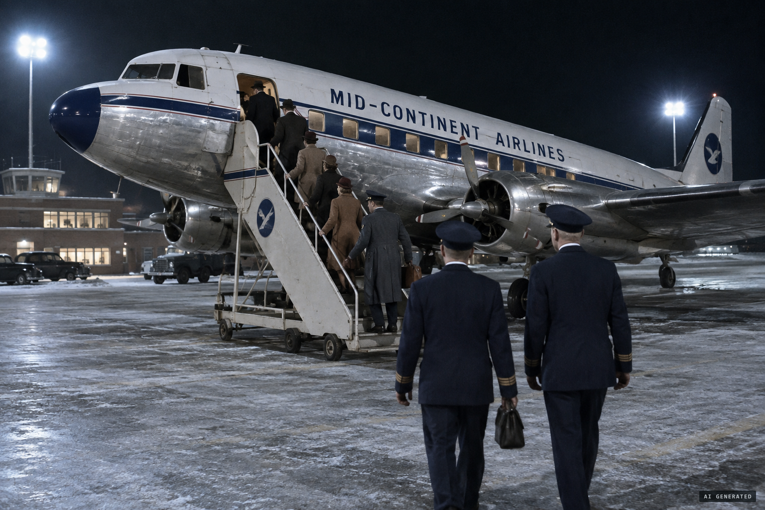 Mid-Continent Flight 9, a DC-3 bound for Omaha, boards at Sioux City