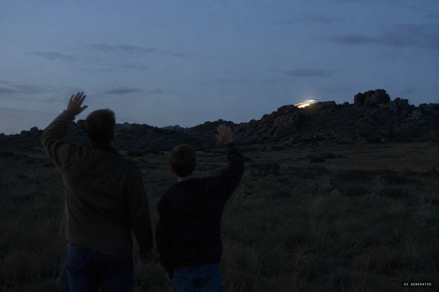 Terry and his son wave at a lit object ducking behind the ridge