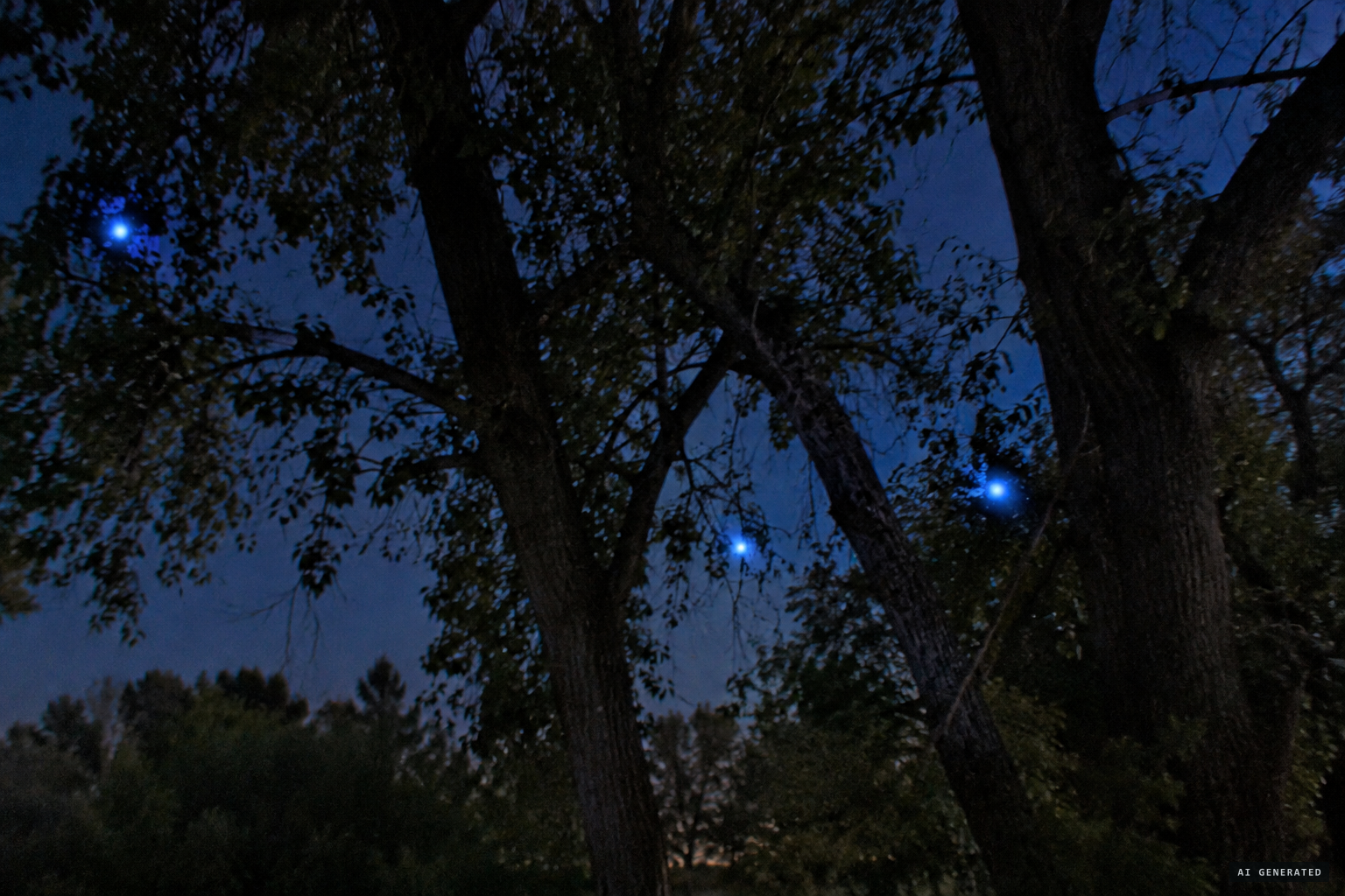 Blue softball-sized orbs among the tree branches