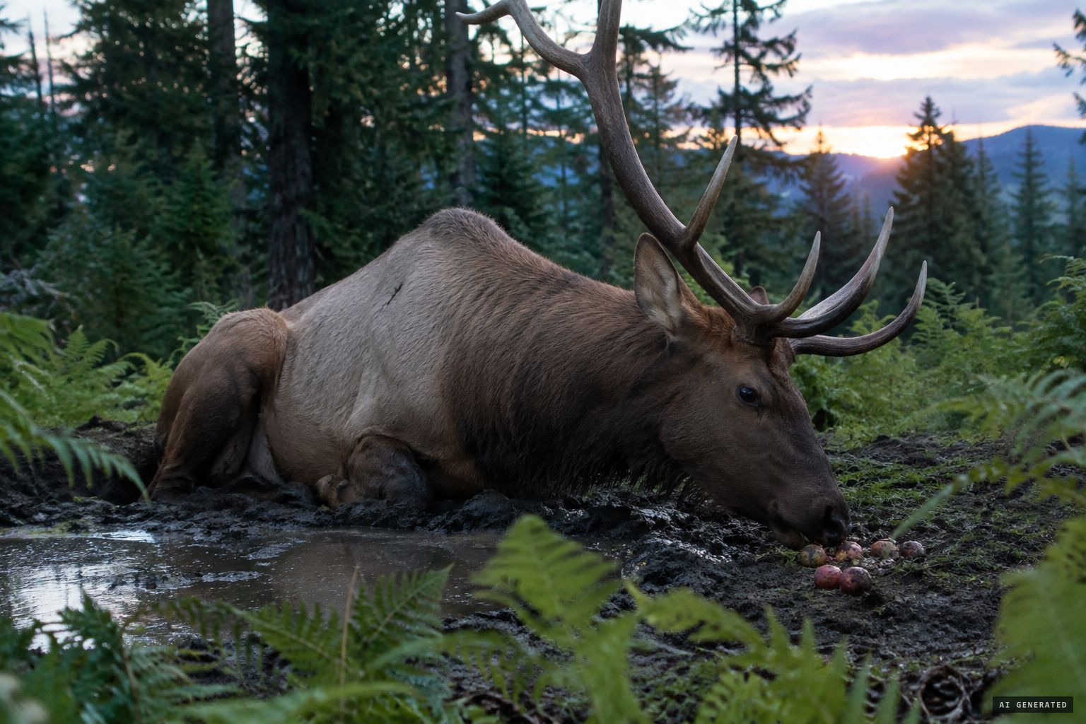 The skeptics' reading: a reclining elk at the edge of the wallow