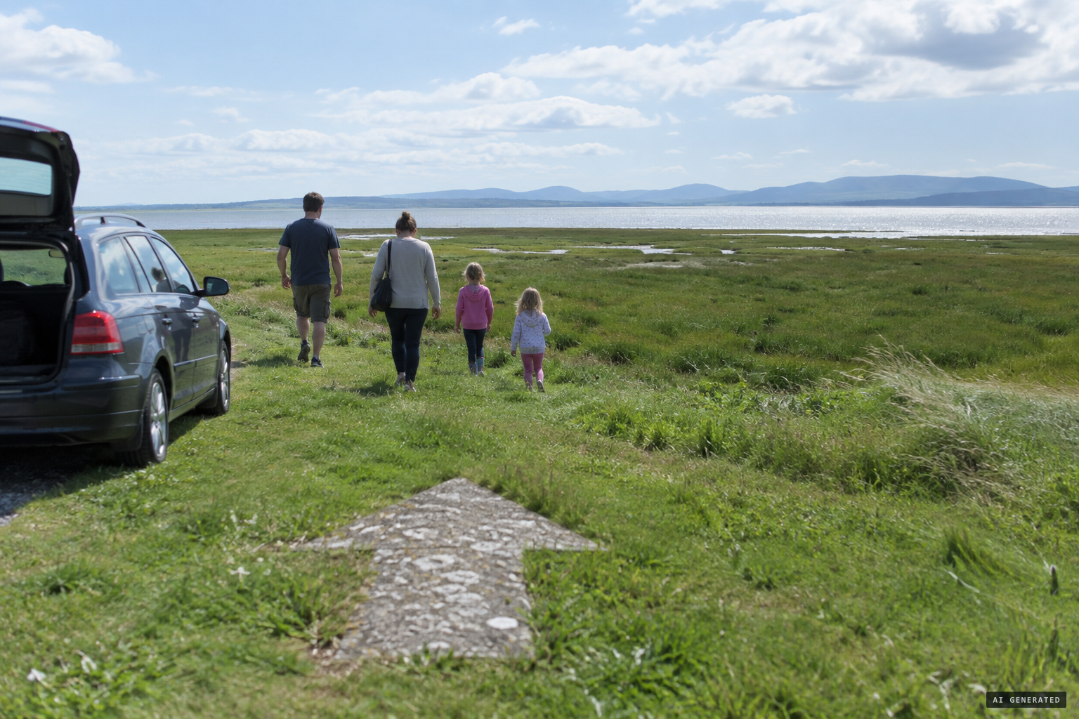 Burgh Marsh above the Solway Firth, with its wartime concrete arrow, on a bright May afternoon in 1964