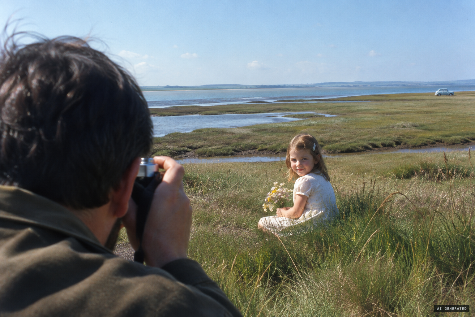 Templeton photographs five-year-old Elizabeth on the marsh, and nobody else is nearby except a distant car