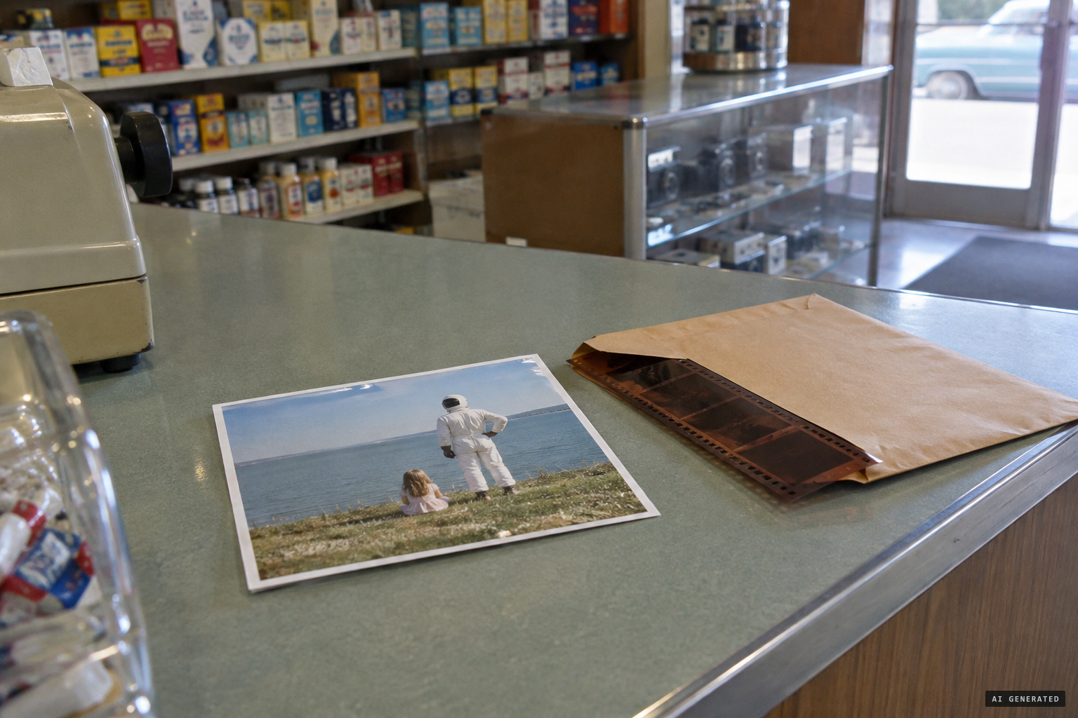 The developed print at the chemist's, with the big white figure standing behind Elizabeth
