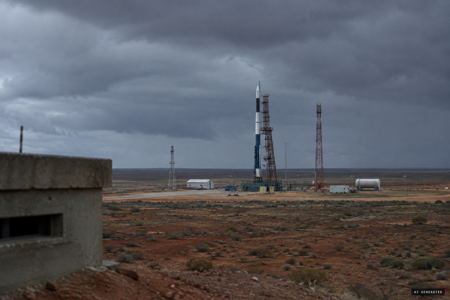 The Blue Streak rocket at Woomera, where the countdown was halted for weather and a fault